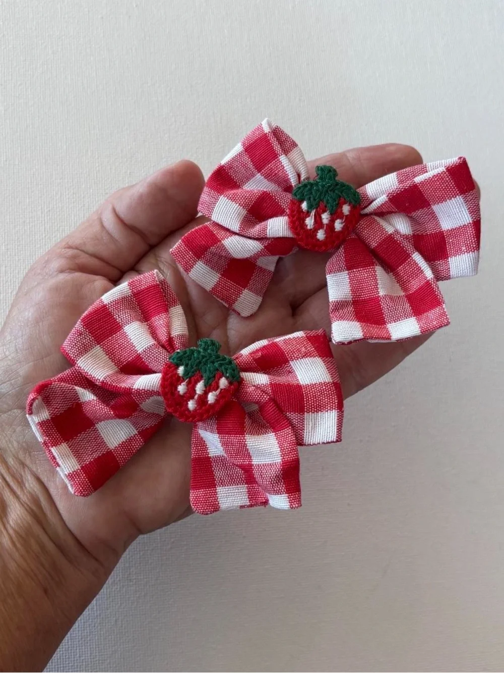Red Gingham Strawberry Bow Hair Clips Set